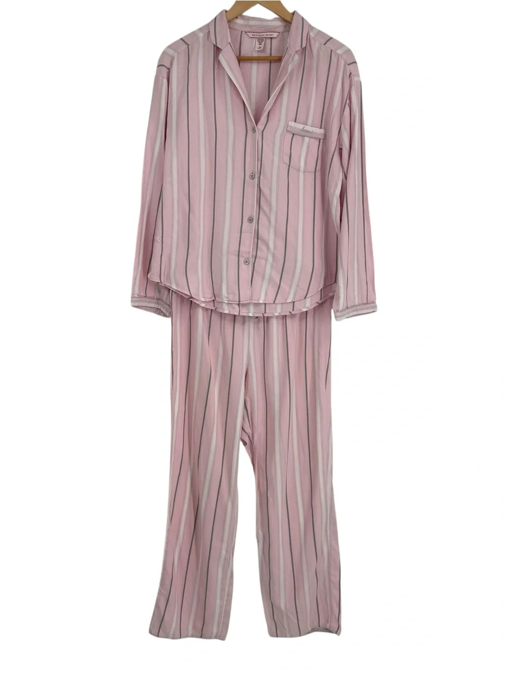 Victoria's Secret Women Flannel Pajama Set Pink Gray Stripe Size M Button Up